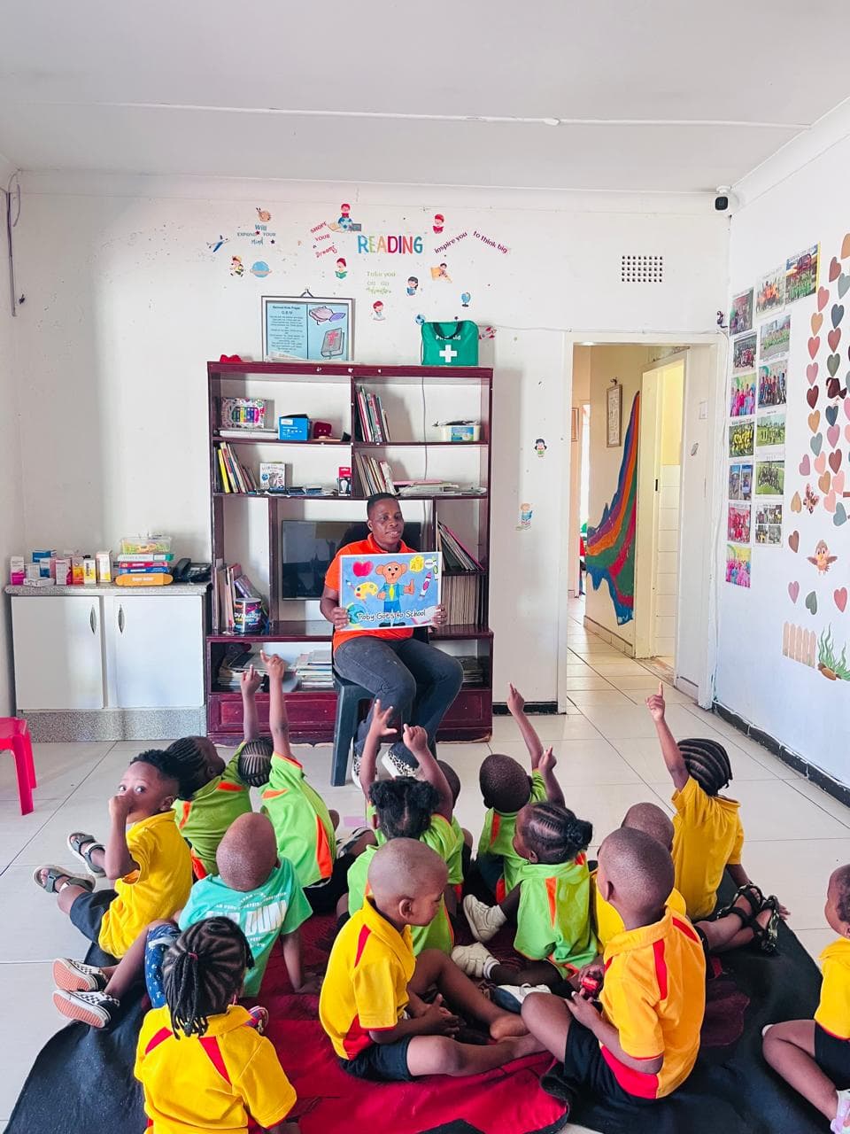 students reading in library